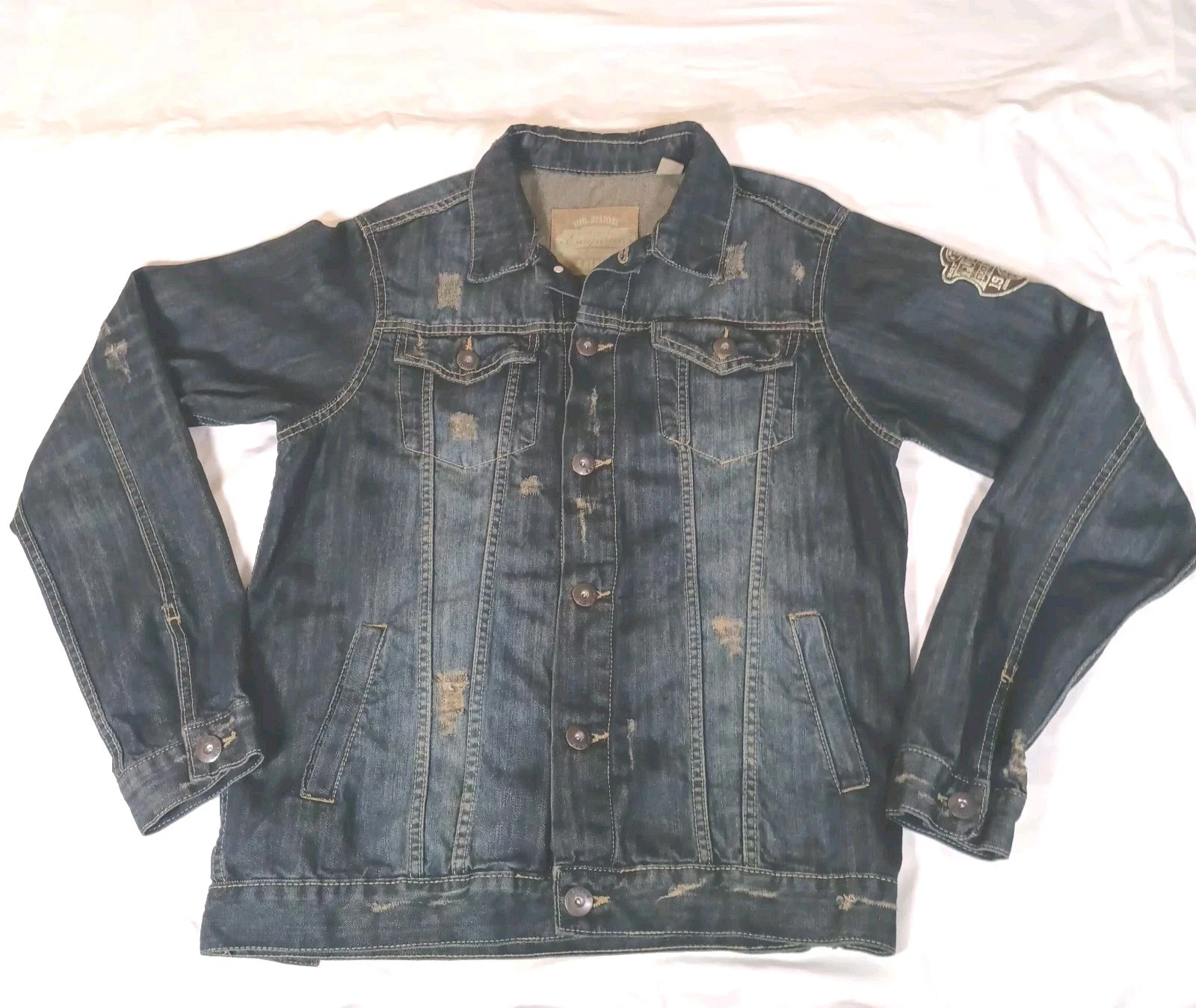 Vintage 90' Escapism Men's Blue Distressed Denim Jacket.