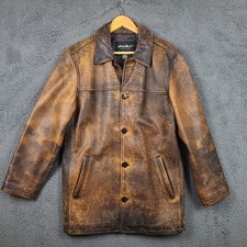Eddie Bauer Mens Distressed Brown Genuine Leather Car Coat Jacket Size S