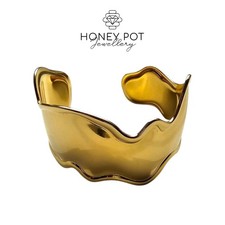 Polished Wide Open Cuff Bracelet - 14k Gold Plated