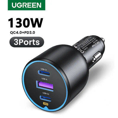 UGREEN 130W USB C Car Charger 3-Port PD3.0 QC4.0 Fast Charge Laptop Phone