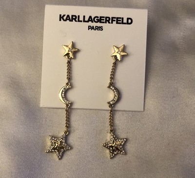 Karl Lagerfeld Gold Tone Star & Crescent Moon Linear Drop Earrings Crystal NWT