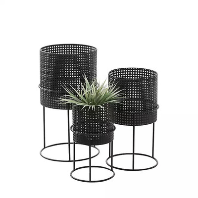 Black Metal Basket Weave Planters Set of 3 Outdoor Cylinder Stands