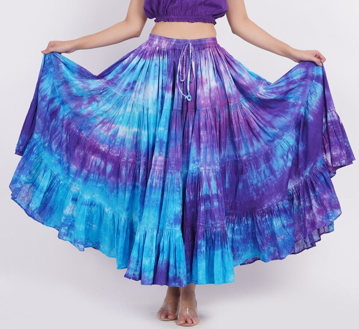 Falda gitana tie dye azul púrpura 100 % algodón flamenco ATS tribal de 25 yar...