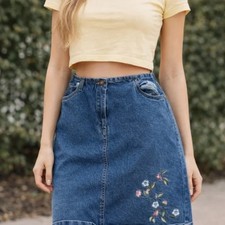 Vintage Bugle Boy for her Denim Floral Embroidery Knee Length Skirt Size Small