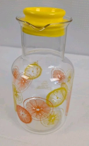 Vintage Pyrex 2qt Glass Juice Carafe Pitcher & Lid Lemon Orange Slices #3520