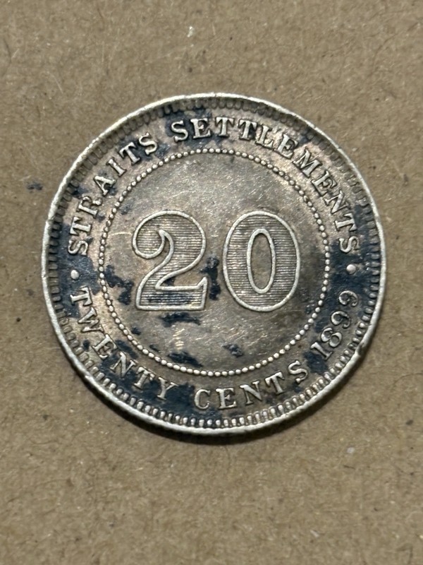1899 Straits Settlements 20 Cents Coin AU+ Toned