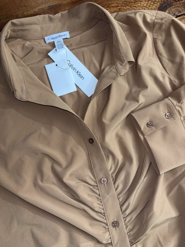 Calvin Klein Bluse Damen XL braun gerafft Kragen Knopf Oberteil Shirt Büro NEU