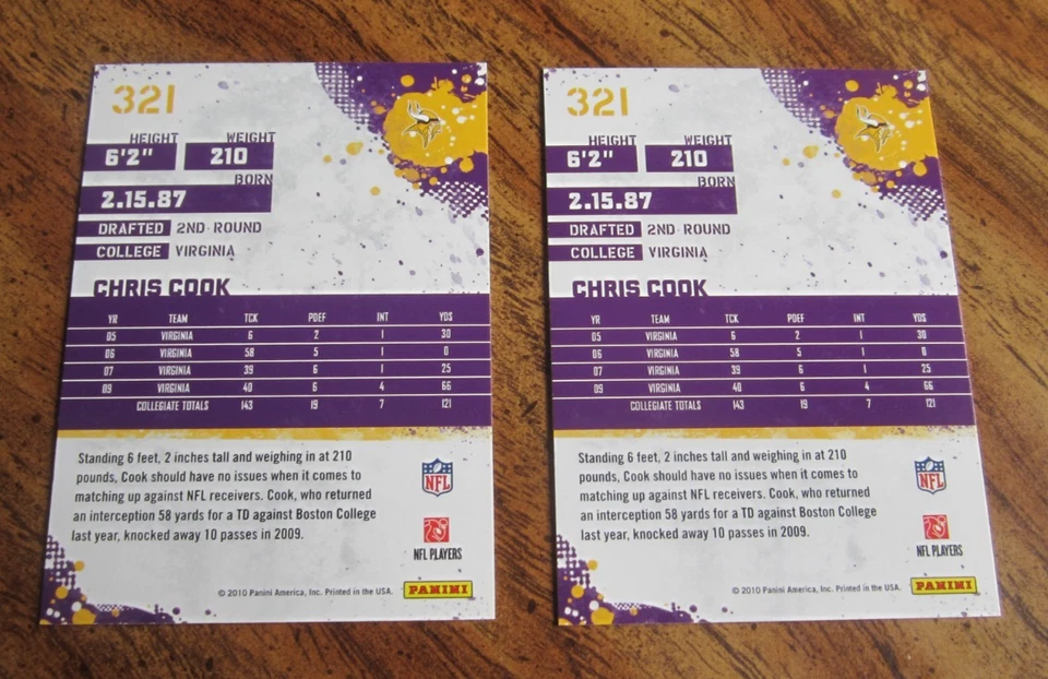 Chris Cook Lot of 2 2010 Score #321 ROOKIE Trading Cards NFL Football Vikings - Image 2 of 2