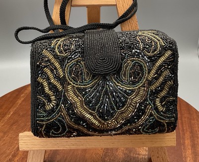 VTG Talbots Black & Gold Beaded Evening Bag Purse Clutch Crossbody