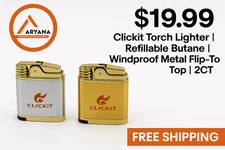 Clickit Torch Lighter | Refillable Butane | Windproof Metal Flip-Top | 2CT