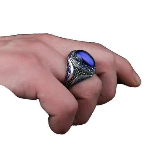 Valentine Love Gift, Silver Plated Ring Men with Dark Blue Lapis Lazuli