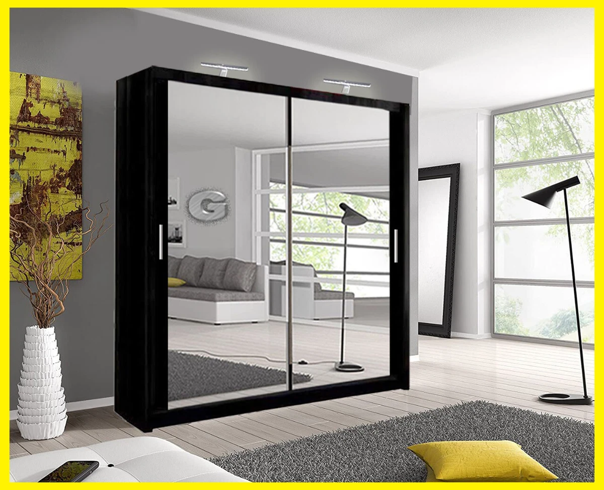 Milan 2 and 3 Mirror Sliding Door Wardrobe In Black Colour With
