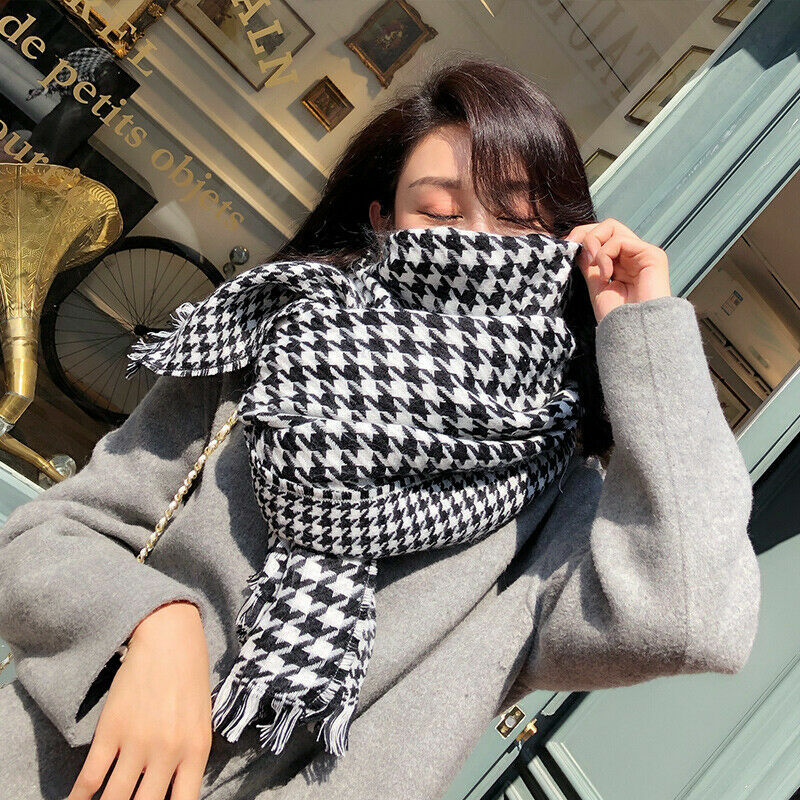 Lady Houndstooth Scarf Shawls Wrap Faux Wool Black White Check