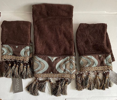 Croscill Palisades Embellished Hand Towel & 2 Fingertip towels Brown/ Teal NWT - Picture 2 of 2