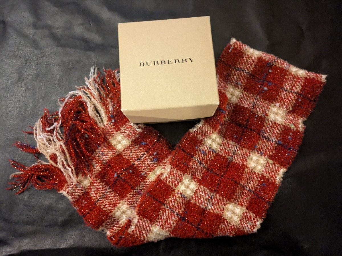 Burberry London Red White Blue Plaid Tweed Scarf Merino Wool Scotland 60 x  in