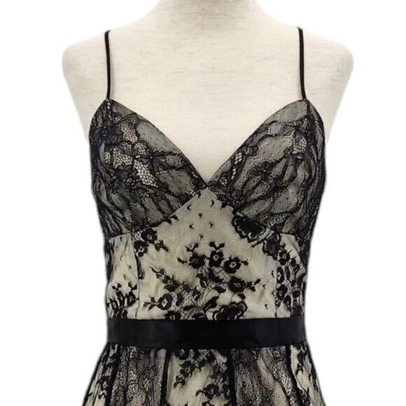 Vestido Vintage ABS por Allen Schwartz Talla 4 Encaje Floral Negro Blanco Cóctel Fiesta Foto 2 de 4