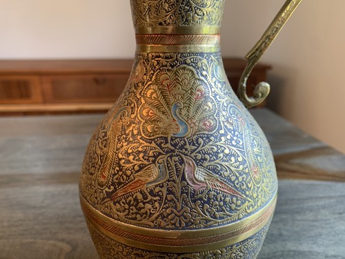 Etched Brass Vase Pitcher Peacocks Birds Vintage Patina Ornate Gold Colored - Picture 3 of 15