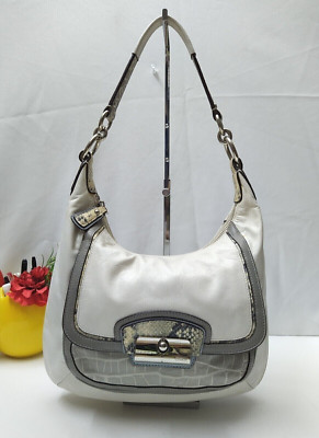 Coach Kristin White Leather Snakeskin Detail Zipper Hobo Shoulder Bag