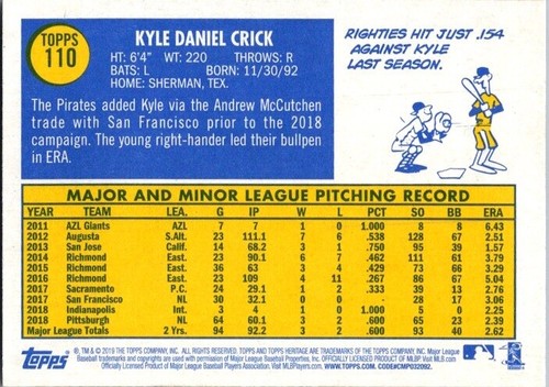 2019 Topps Heritage - Kyle Crick #110 (RC) - Picture 2 of 2