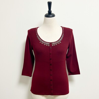 Emma James Red Scoop Neck Rhinestones Beaded Pearls Button 3/4 Sleeve Sweater PL