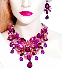 Breastshield Bib Necklace Earring Set Rhinestone Hot Pink
