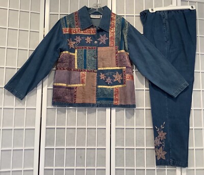 Granny Core Denim Jacket Pants Set Beaded Floral Patchwork Bedford Vtg Sz MP