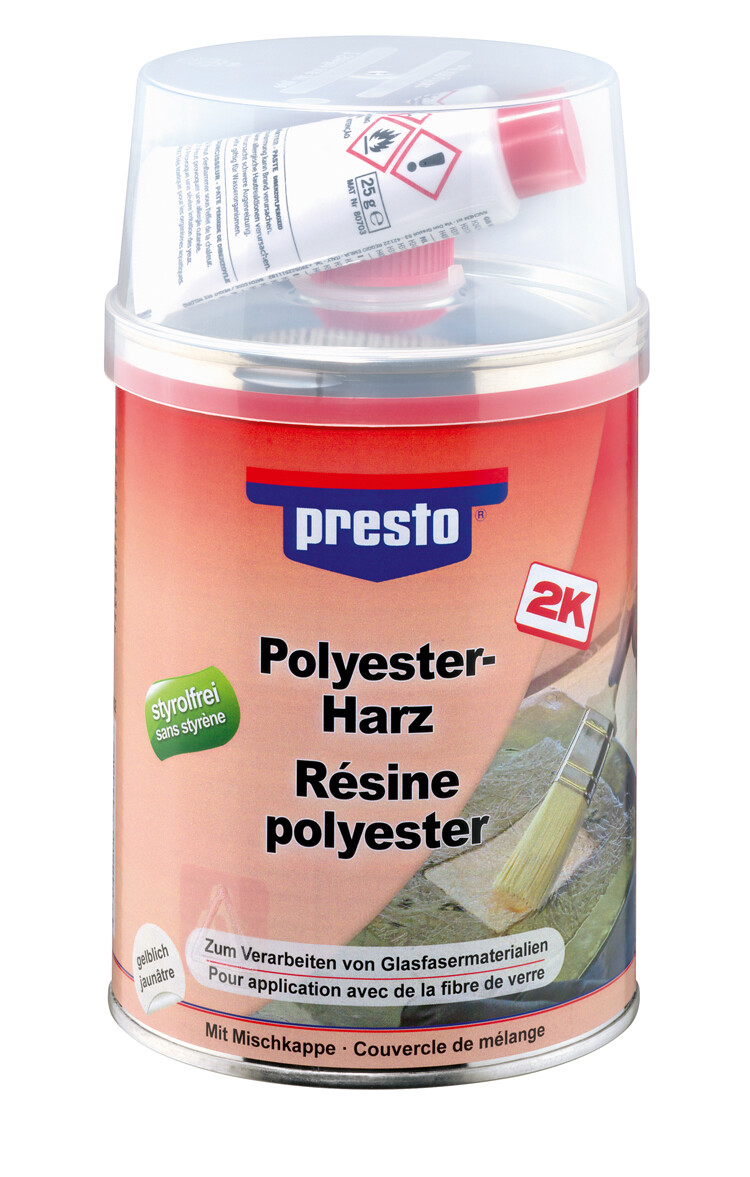 Mastic résine polyester Presto de 1kg pour réparation carrosserie bateau fibre de verre et métal