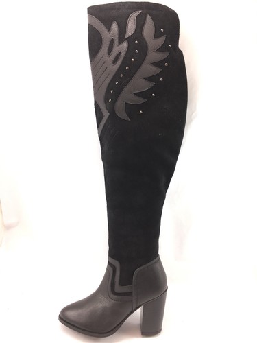 SH25 NEW Nasty Gal US 6.5 EUR 37 Over Knee Black Suede Leather Boot Block Heels - Picture 5 of 12