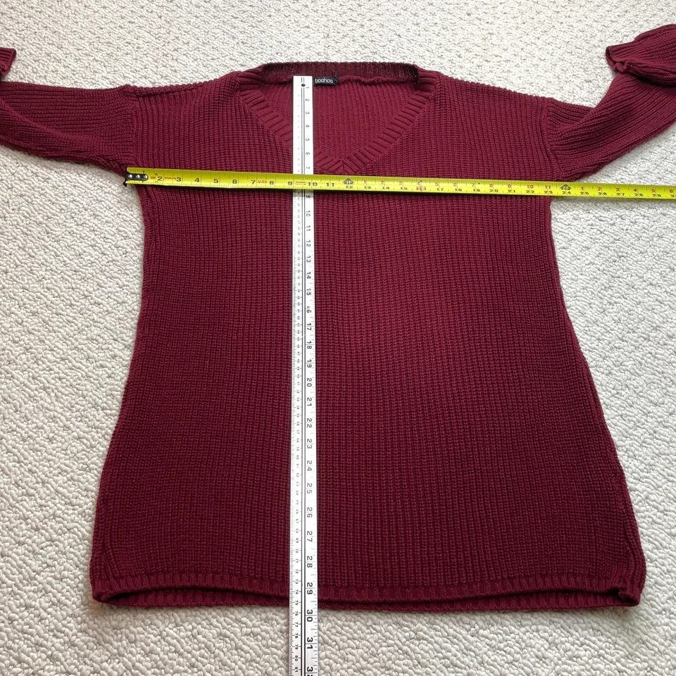Vestido Suéter Túnica Boohoo Mujer Pequeño/Mediano Rojo Oscuro Tejido Cuello en V Pullover Foto 4 de 4