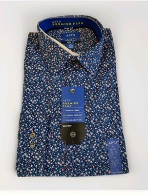 Apt. 9 Premier Flex Dress Shirt Stretch Wrinkle Resistant Bud Flower Navy Mens M