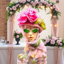 Vintage Exclusive New York / Paris Pink Straw Cloche Hat Roses Grosgrain Ribbon