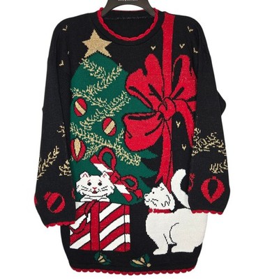 VTG Ugly Knit Christmas Sweater Large Cats Kittens Tree Presents Bow Kitsch