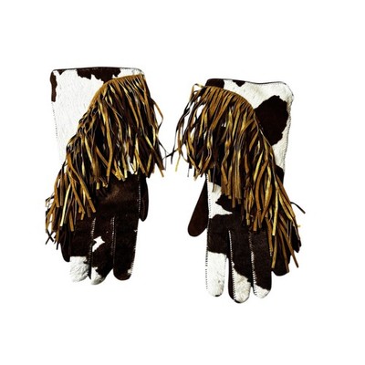 Cowhide Calf Hair Fringe Gloves Brown White Spotted Western Gold Metallic Size 7