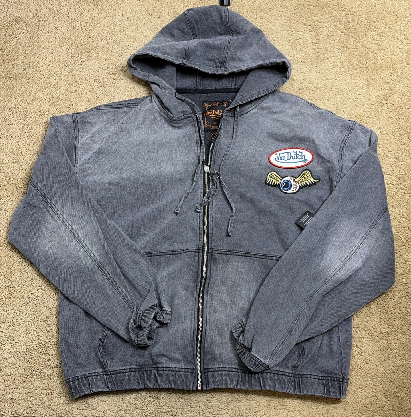 Men’s XL Von Dutch Flying Eye Hooded Zip Up Faded Black /gryJacket | Relaxed Fit