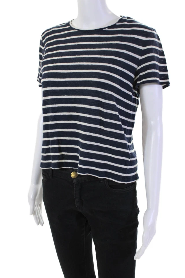 Camiseta J Crew Mujer Lino Rayas Informal Manga Corta Cuello Redondo Azul Talla M Foto 2 de 4