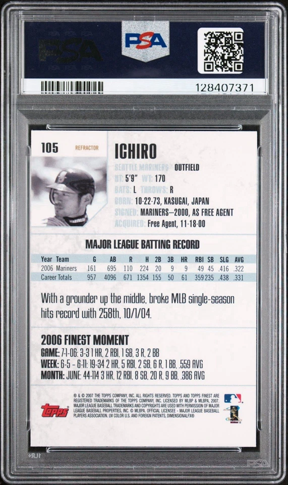 2007 TOPPS FINEST ICHIRO SUZUKI REFRACTOR CARD #105 *GRADED PSA MINT 9! - Image 2 of 2