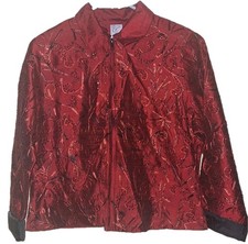 Unique Crimson Red Rare Vintage Sequin-Embellished Silk Zip Up Jacket