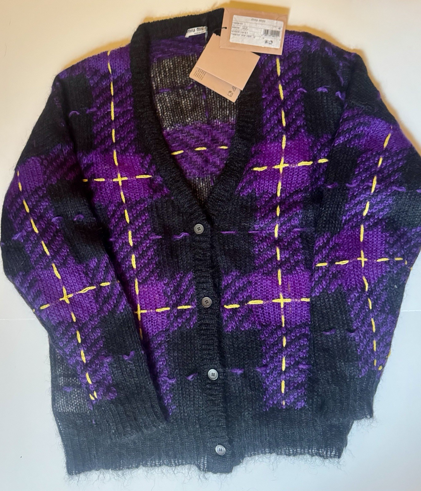 Miu Miu Cardigan sweater Mohair 2019 Purple Viola Check Plaid Argyle New W  Tags