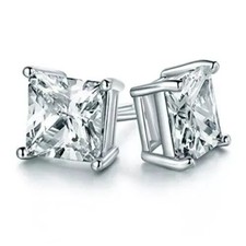 4 Ct Certified Princess Cut Natural White Diamond Studs VVS1 White Gold Finish