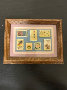Set Of 7 Vintage Framed And Matted USPS Love Stamp pins collection