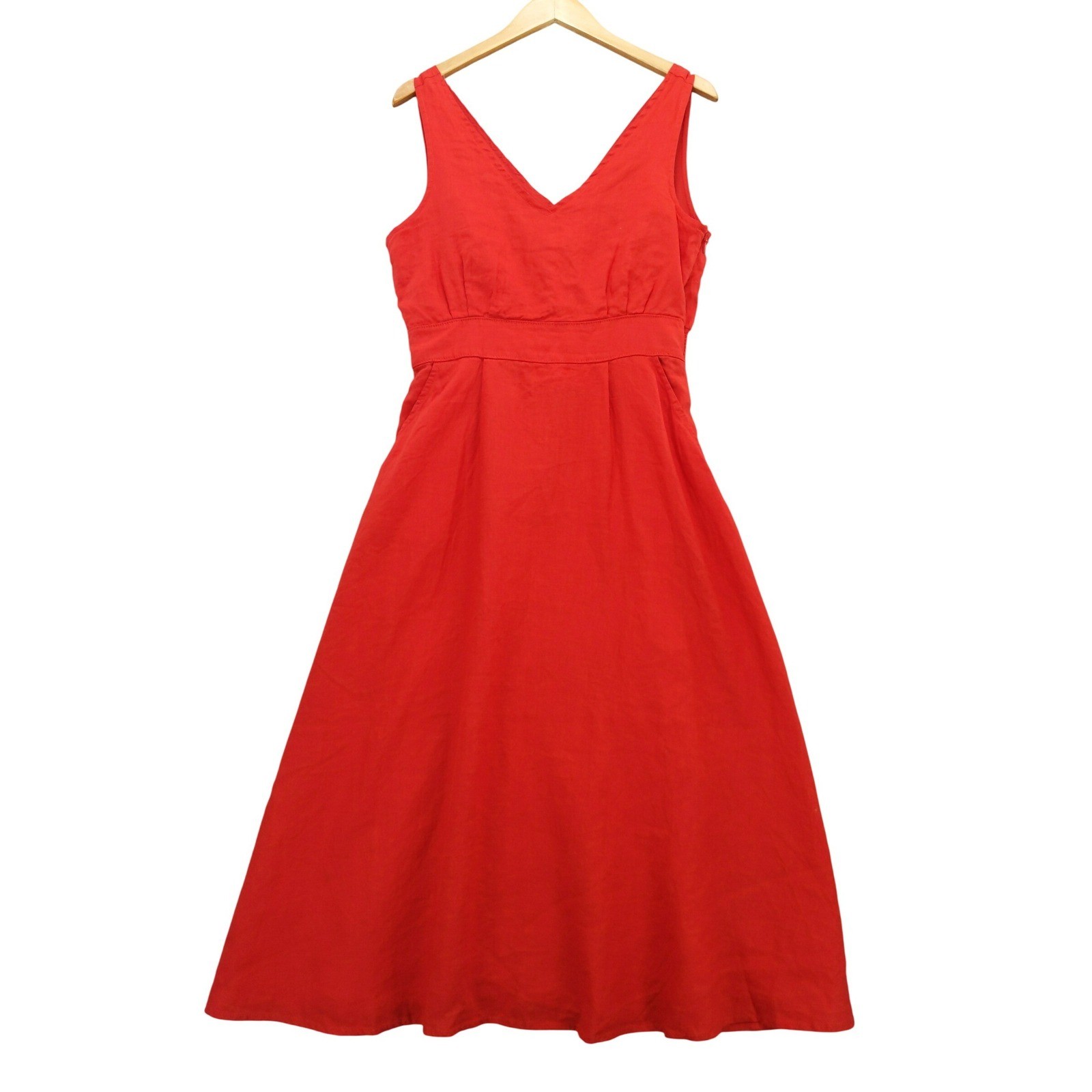 Cynthia Rowley Linen Midi Dress Women 10 Red V-Neck Sleeveless Smocked READ
