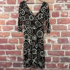 London Times Dress Womens 10 Dark Brown Abstract Circles Surplice Stretchy Wrap