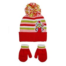 Dr.Seuss Grinch Toddler Unisex 2pc Stripe Knit Cuffed Pom Beanie and Mittens Set