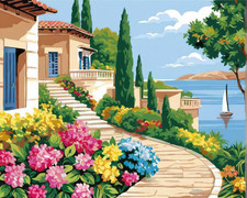 Mediterranean Villa Garden Printed Needlepoint Canvas - Tuscan Coastal Scene