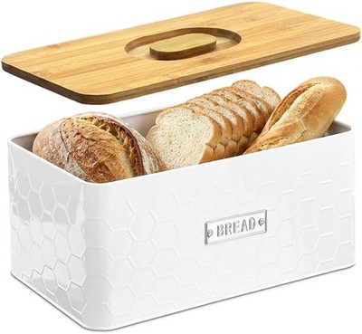Bread Box Countertop   Large White Metal Bread Bin W/ Bamboo Cutting Board Lid