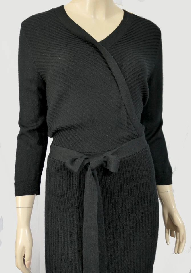 De Colección Kate Spade New York Negro Lana Acanalado Suéter Vestido Cinturón Movible Largo M Foto 2 de 4