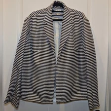 100% Silk Striped Blazer Open Front XL Nautical Navy White Coastal Grandma