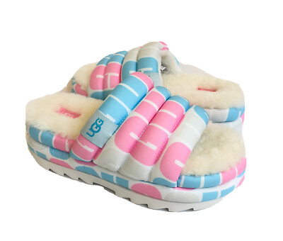 UGG MAXI PRIDE SLIDE LOGO SLIP ON SHEARLING PUFF SANDAL US 8 / EU