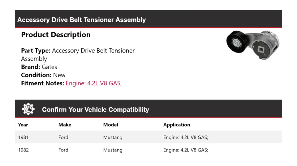 For 1981-1982 Ford Mustang 4.2L V8 GAS Drive Belt Tensioner Assembly Gates - Image 2 of 4