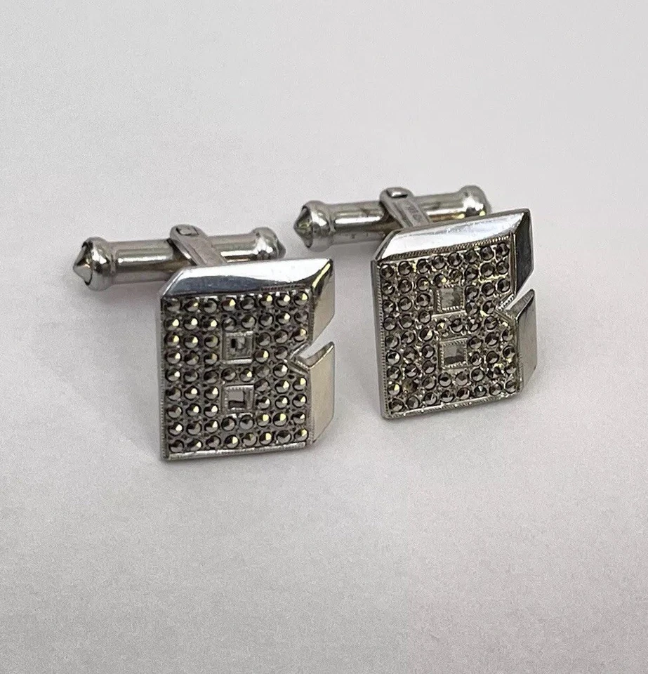 Gemelos vintage en forma de "B" de ley 925 marcasita estilo postal letra BB Foto 2 de 4